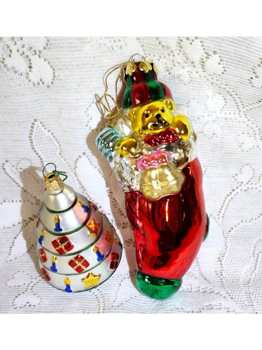 Blown Glass Christmas Ornaments Set: Teddy Bear Stocking Christmas Tree & Lighth - Picture 2 of 11